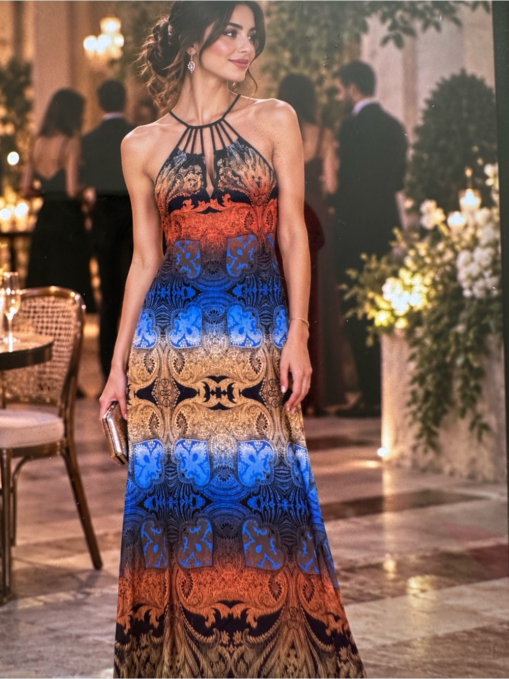 Elegant Halter Maxi Dress in Blue, Gold & Orange